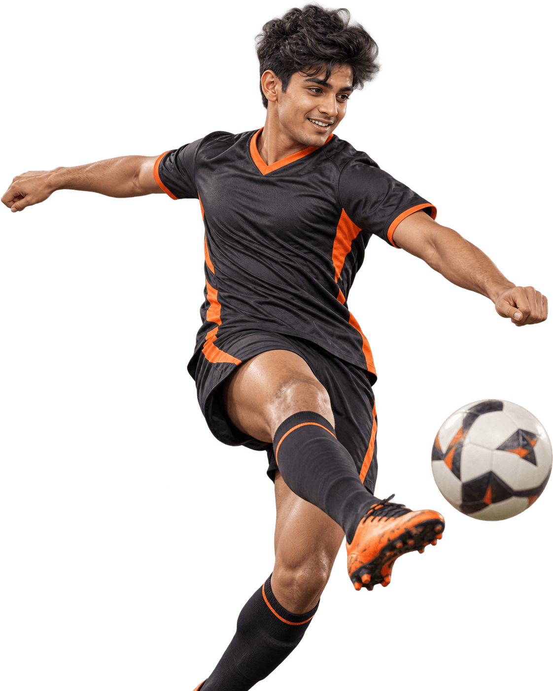 Footballer striking the ball on a floodlit five-a-side turf booked through Gluvee