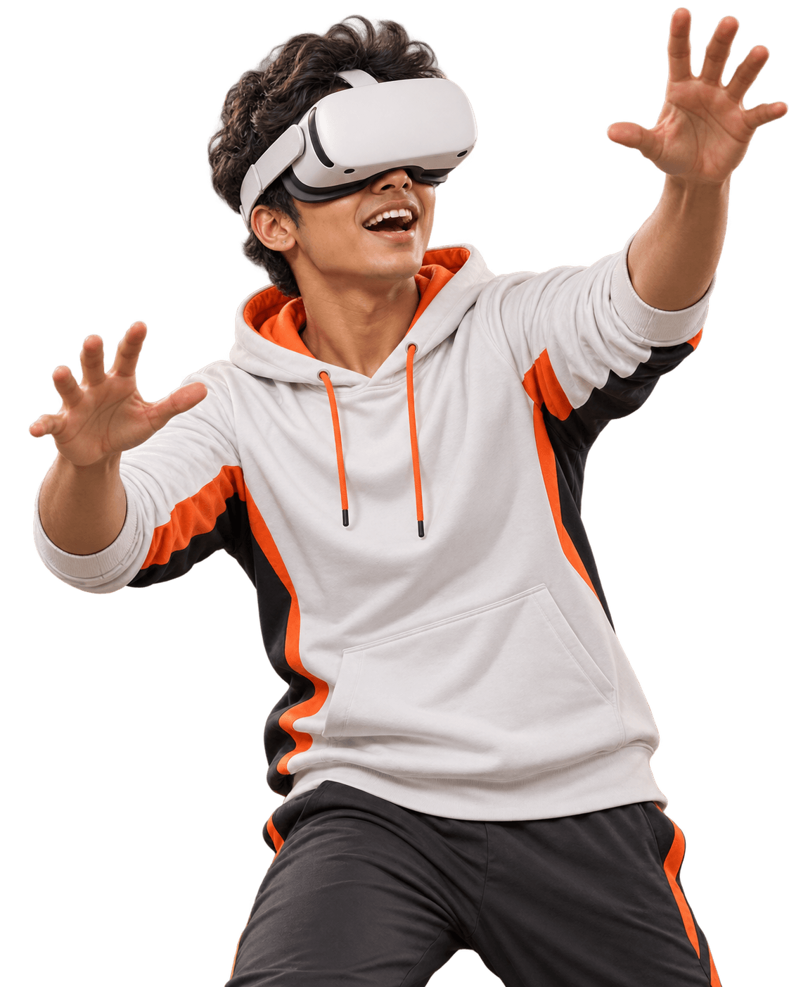 Player in a VR headset reaching out during a session at a VR arena booked through Gluvee